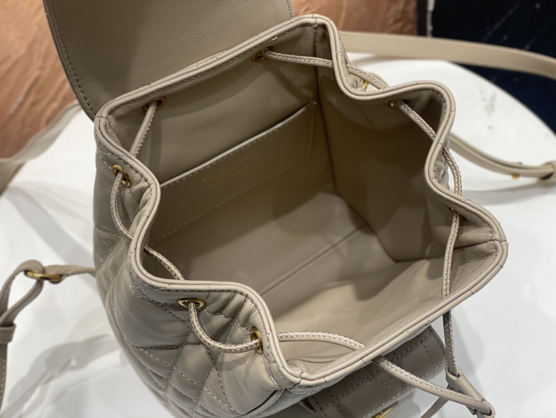 Small Dior Caro Backpack Powder Beige Macrocannage Lambskin